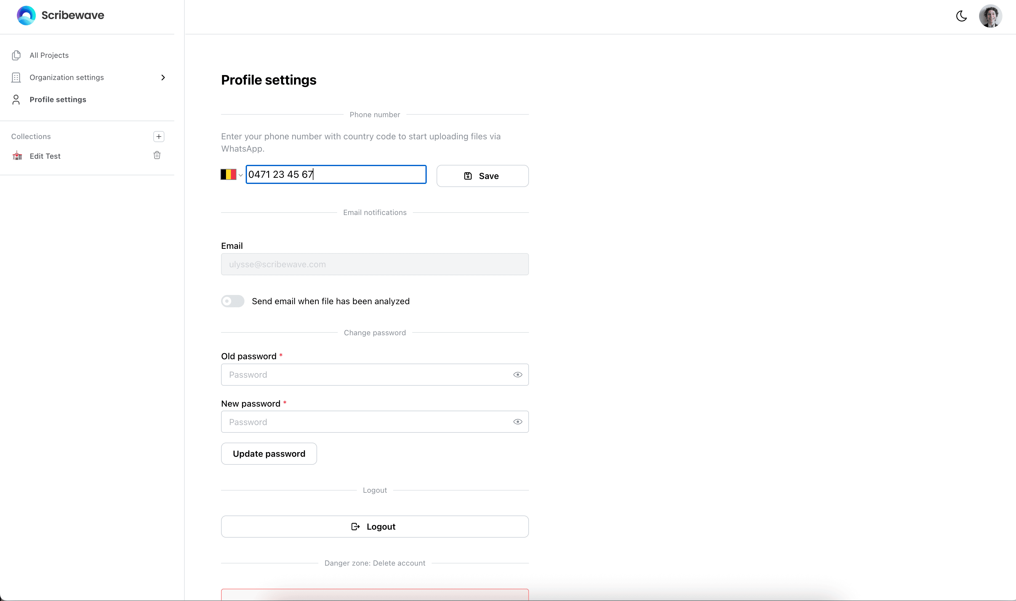 Profile details form with editable fields