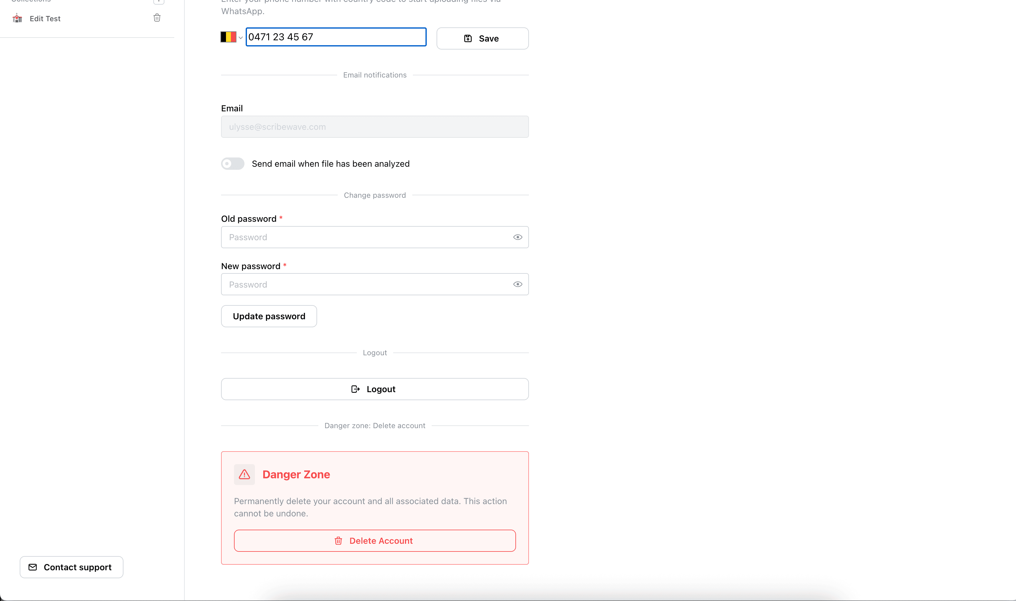 Notification and password settings in profile