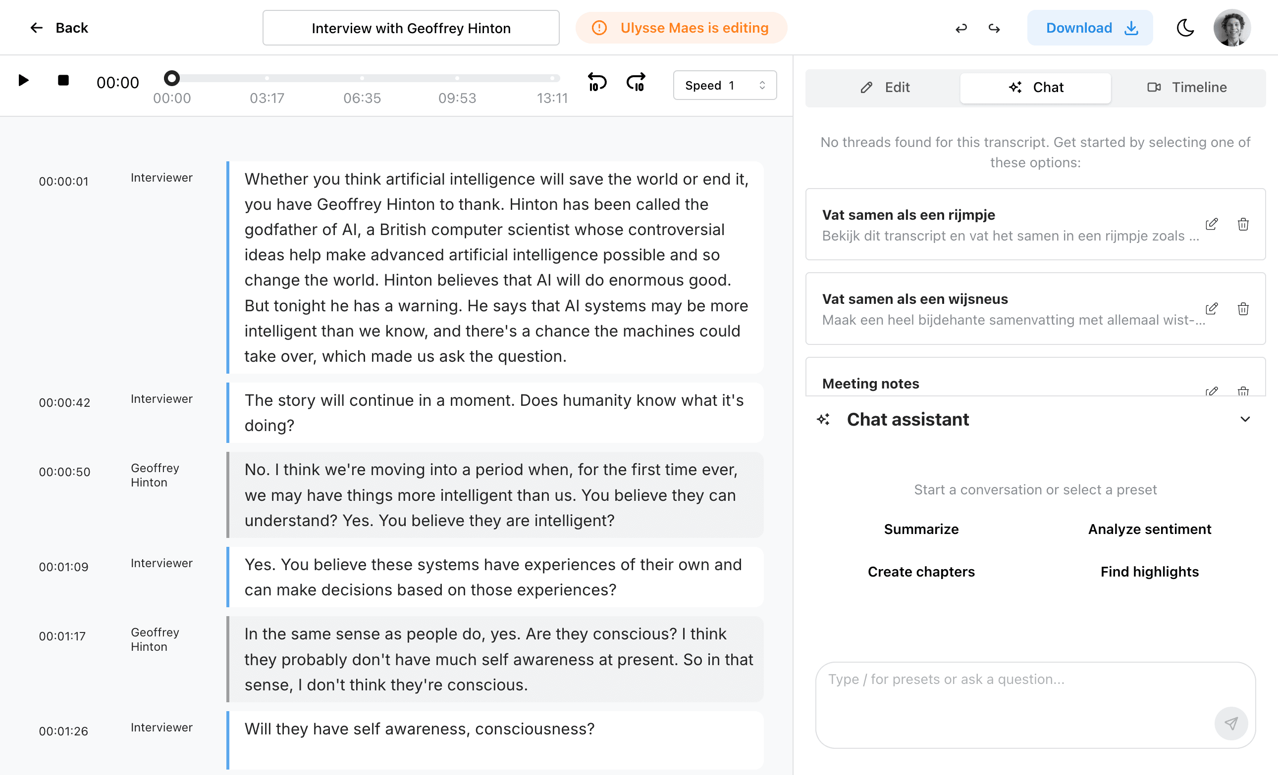 AI generated transcript update preview