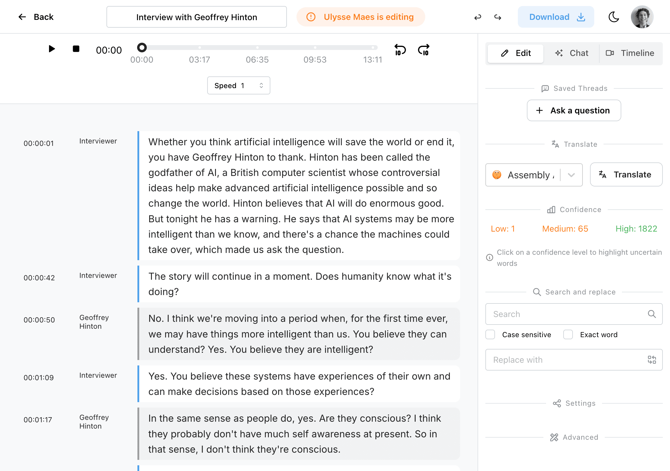 Editor header with back, title, and download actions