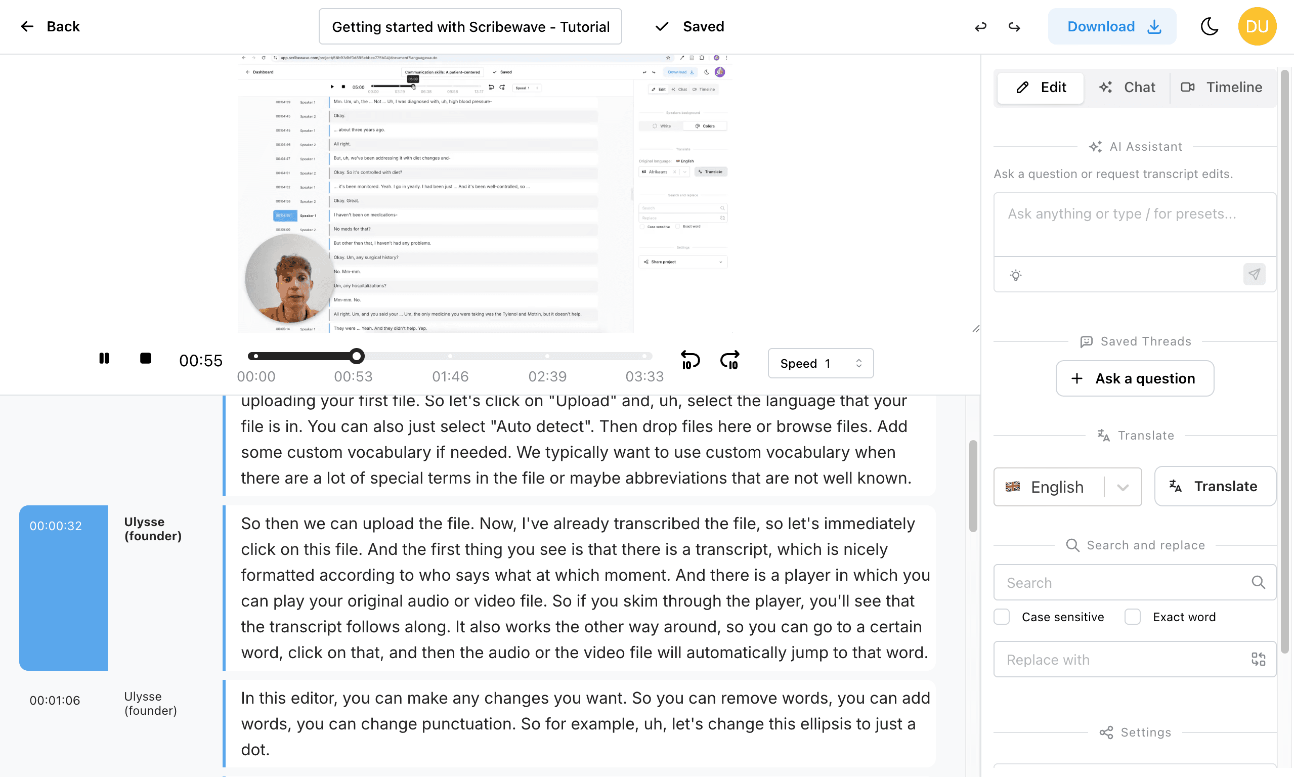 Transcript content area in document view