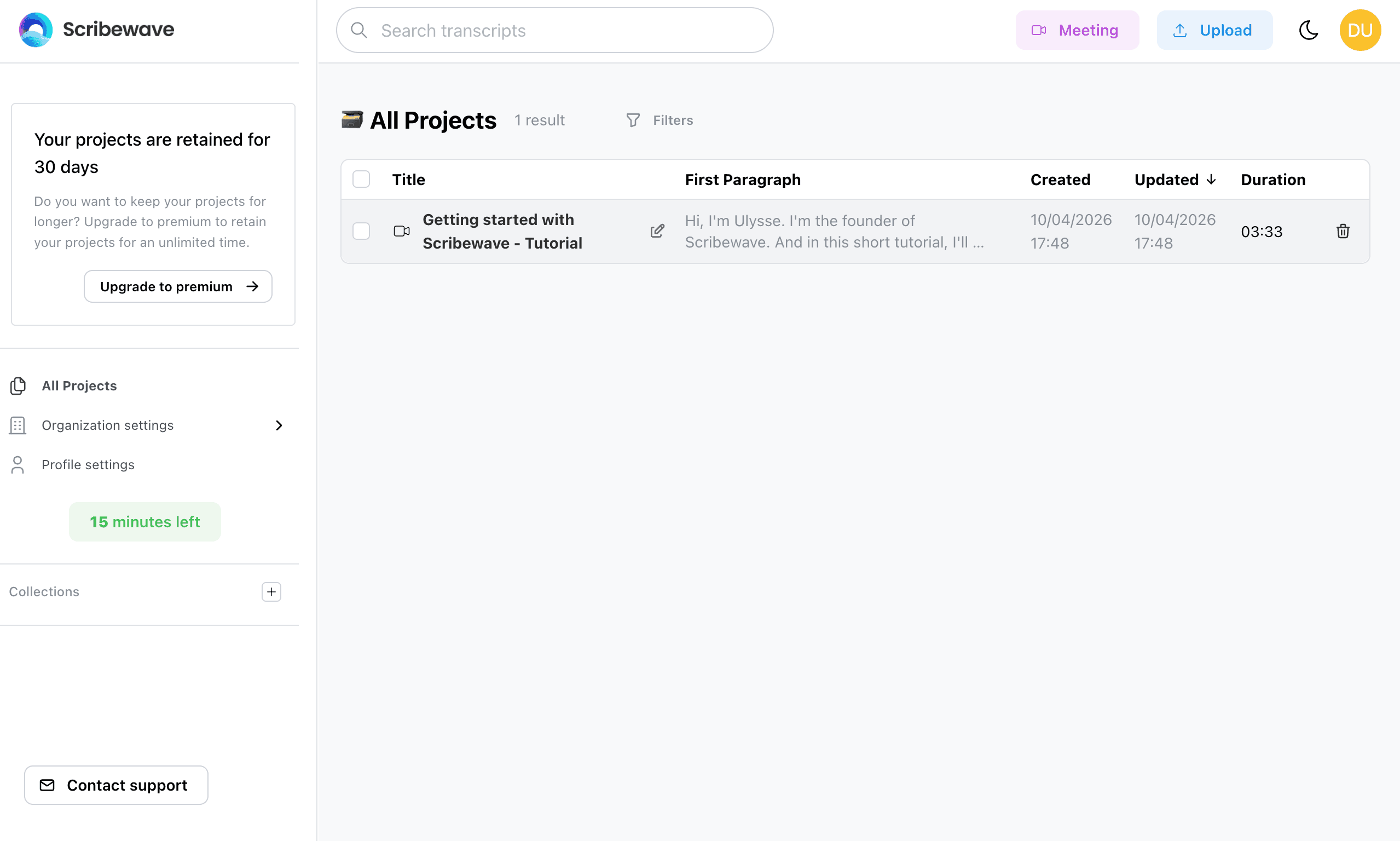 Find the Getting started with Scribewave - Tutorial project