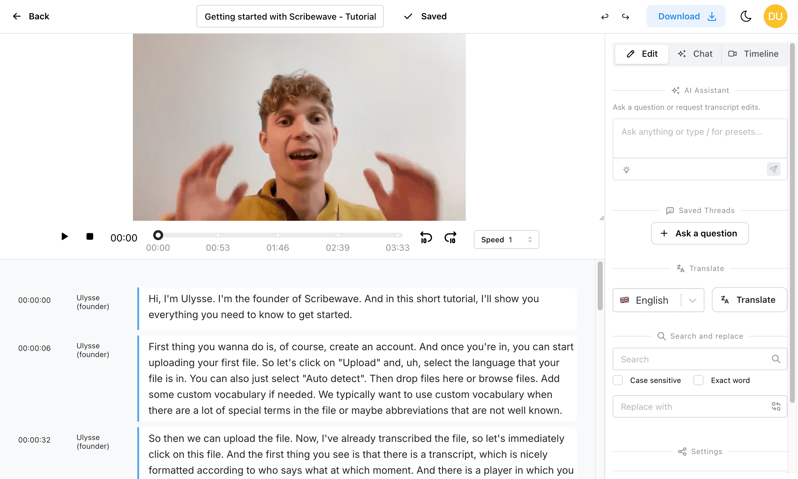 Open the project in the transcript editor