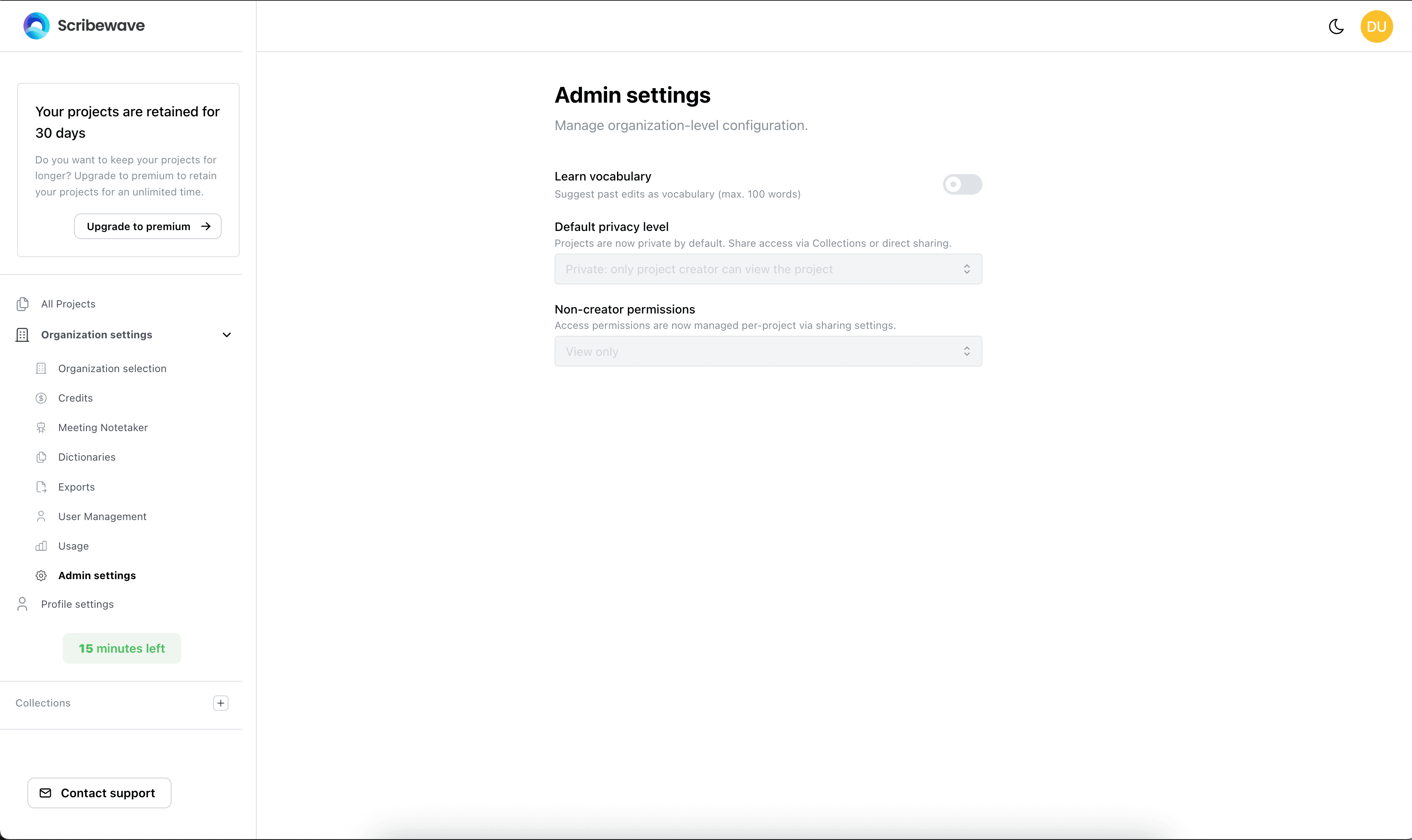 Admin settings