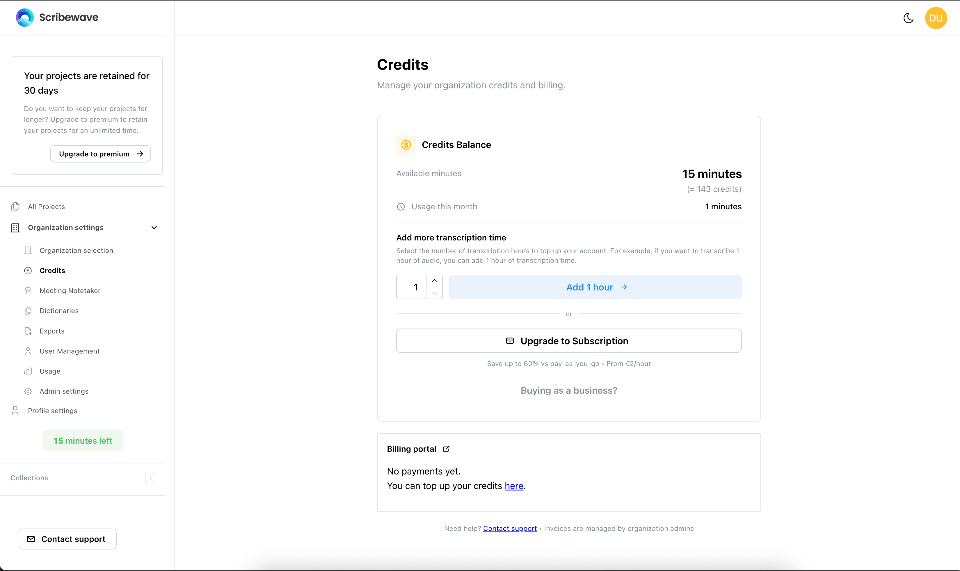 Credits and subscriptions area