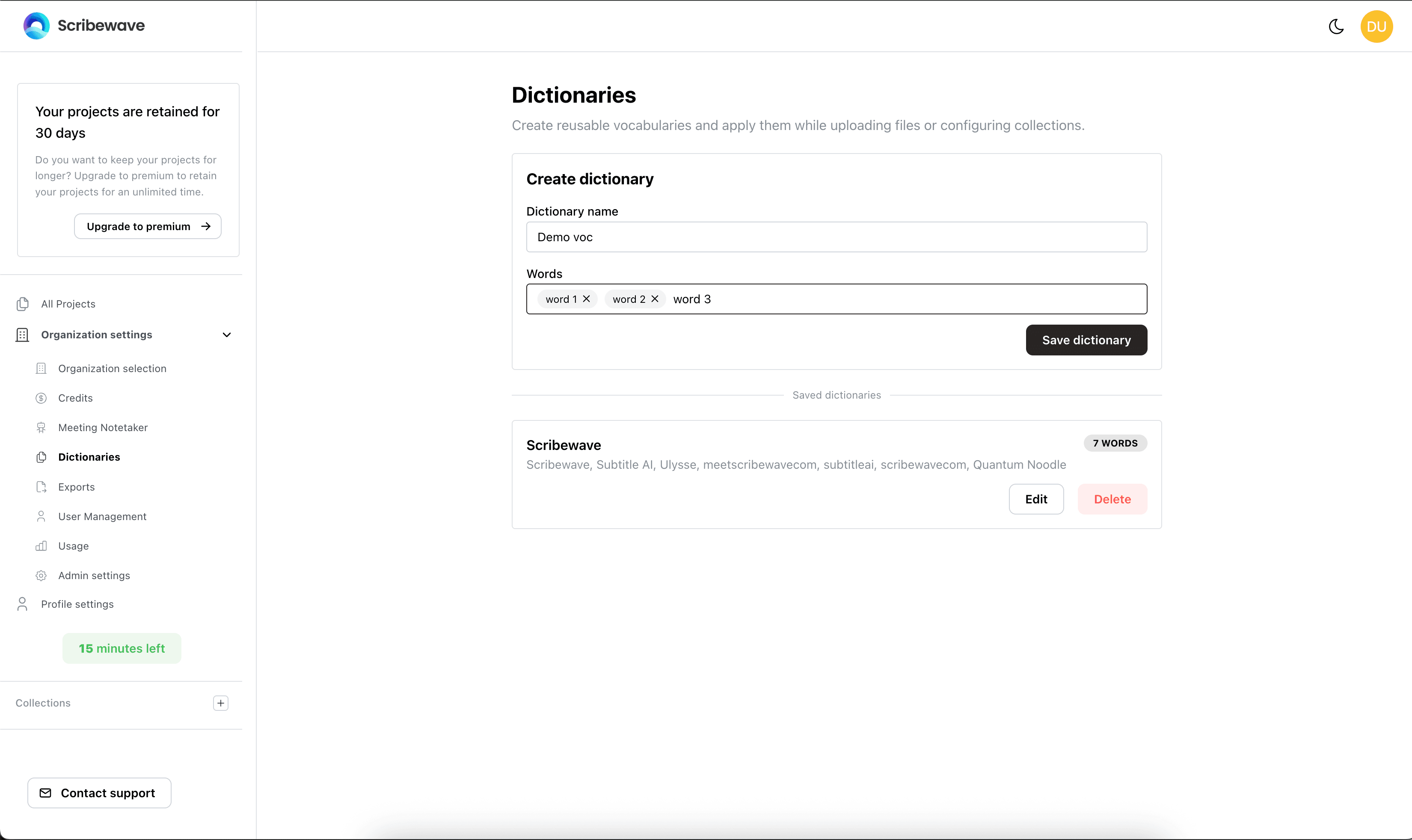 Dictionaries settings