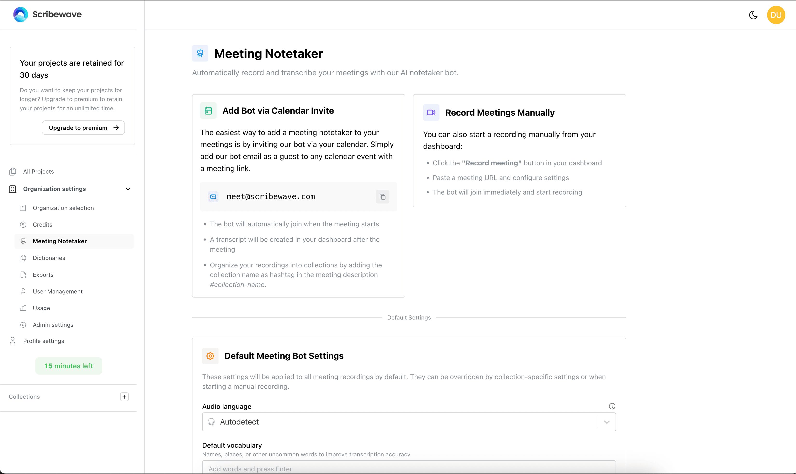 Meeting notetaker settings