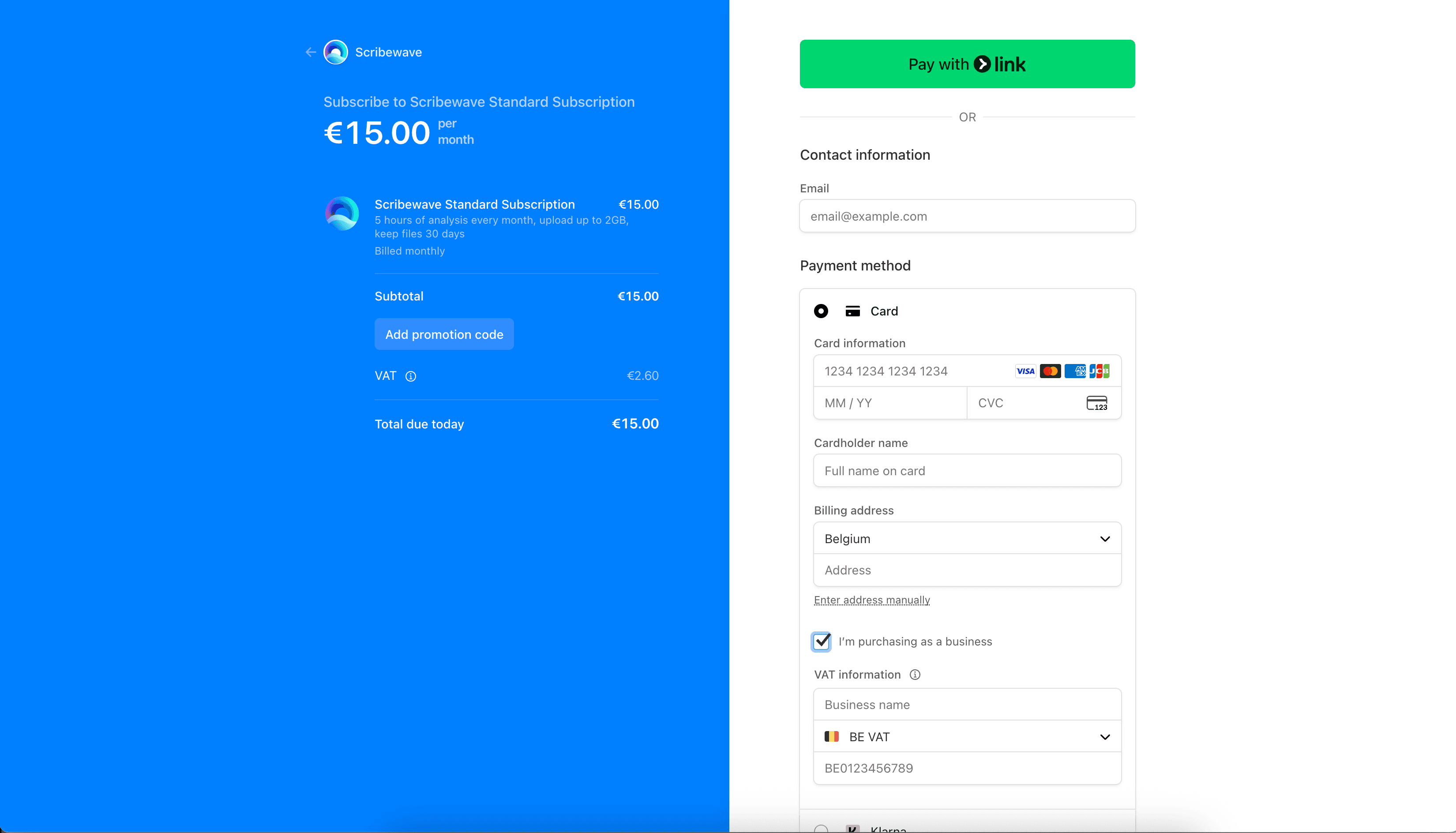 Stripe checkout, purchasing as a business