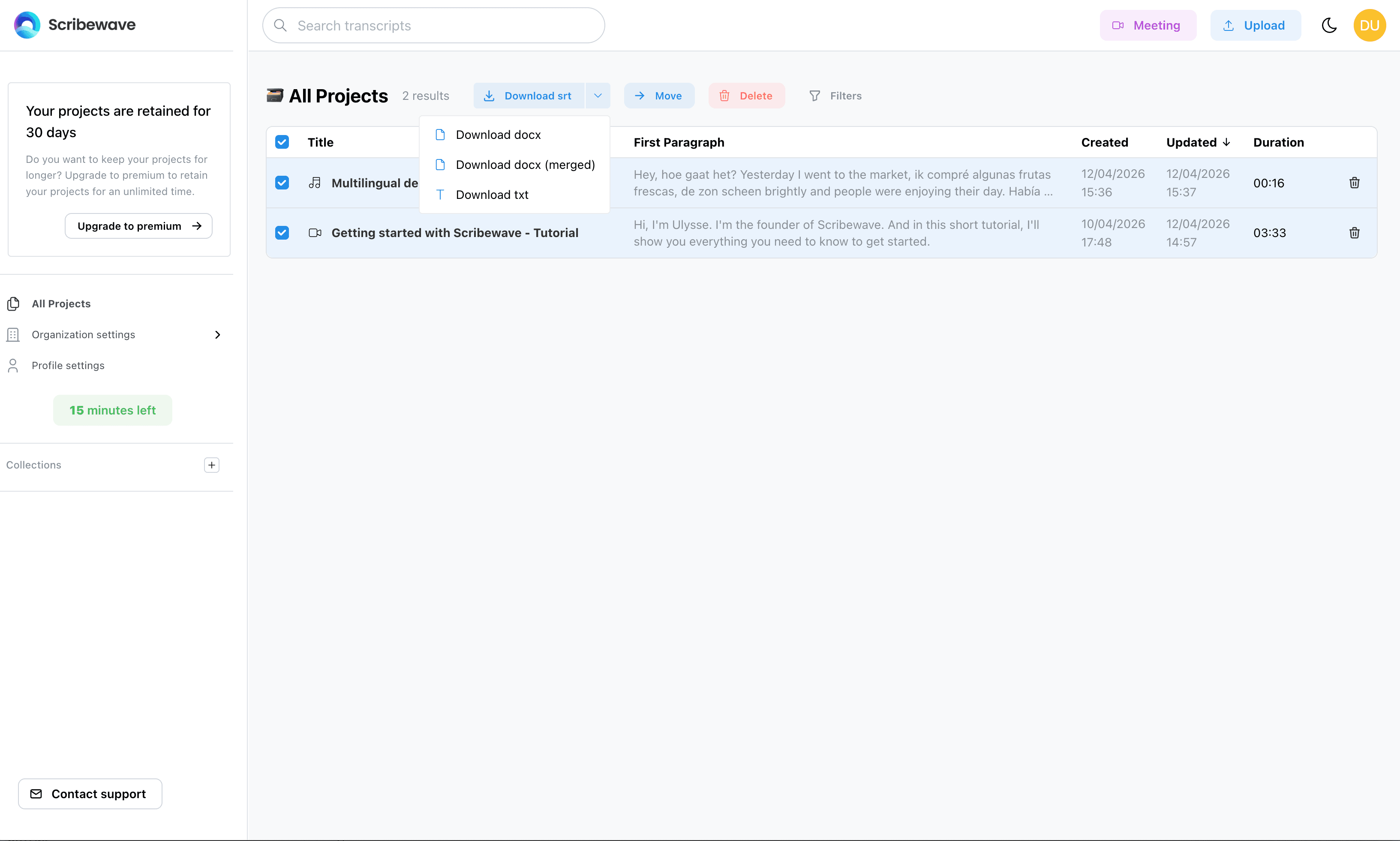 Bulk actions menu