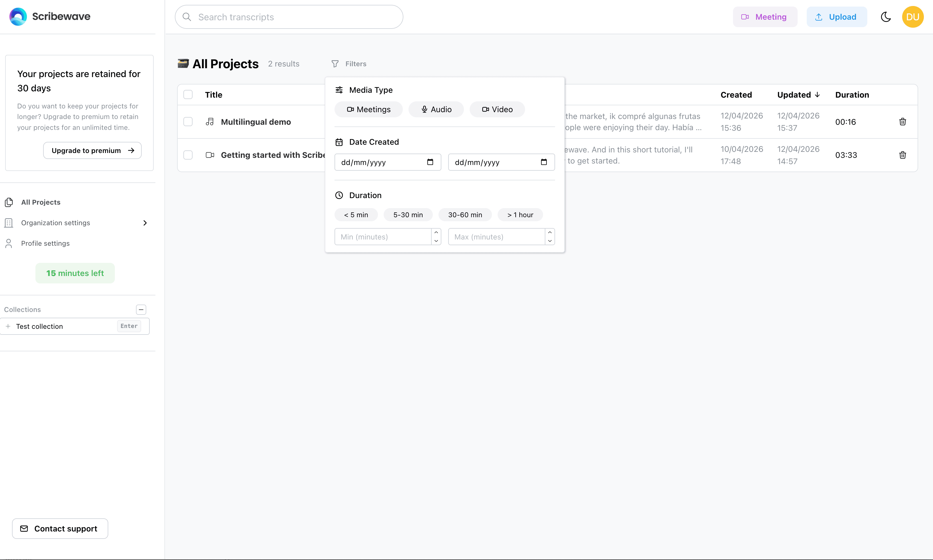 Sorting and filtering projects