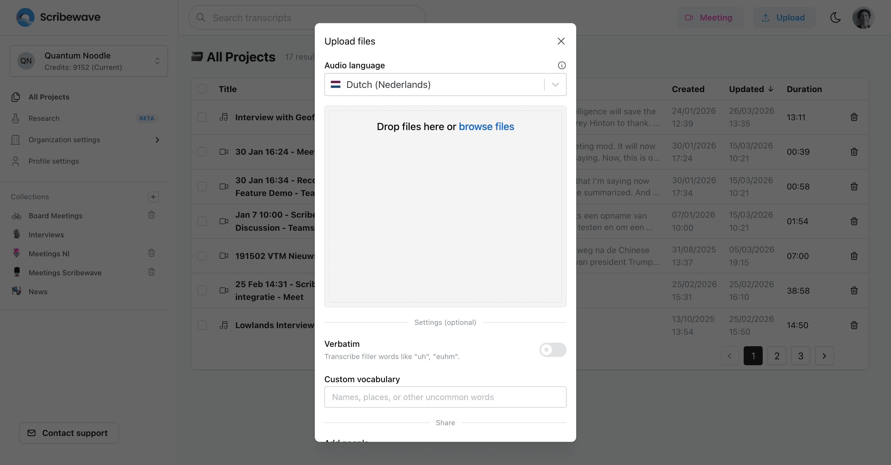 Upload modal with selected file