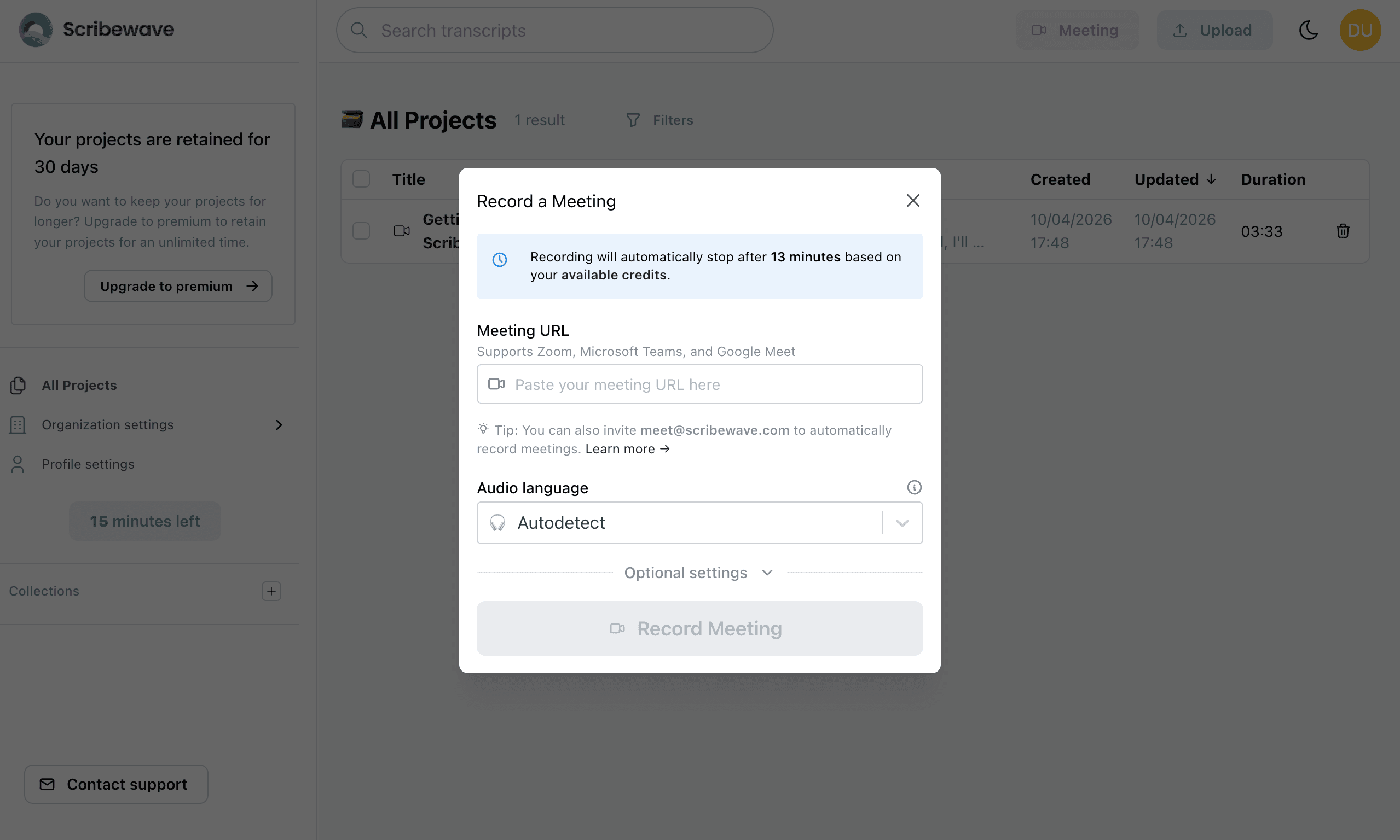 Meeting capture modal