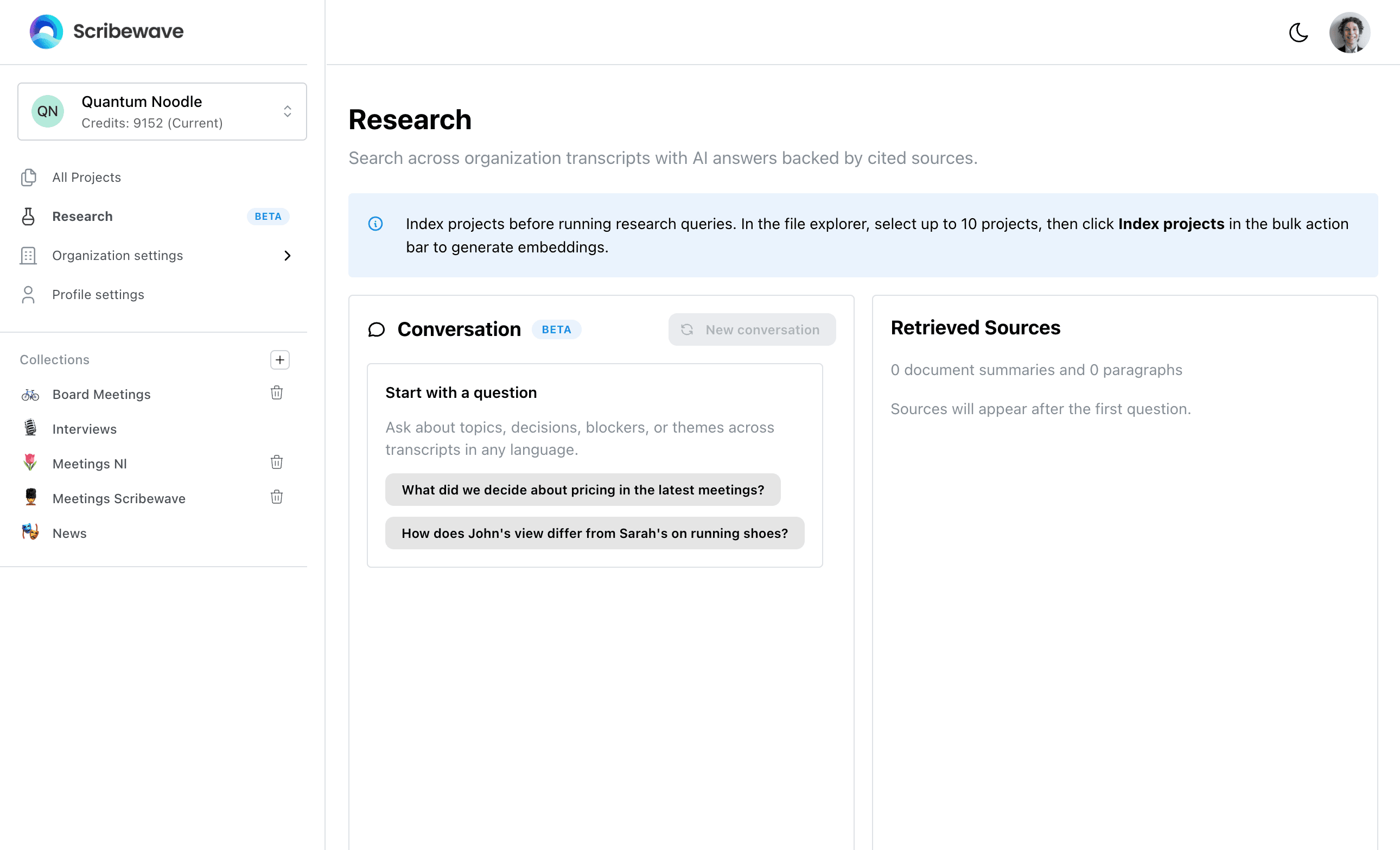Research page with query workspace