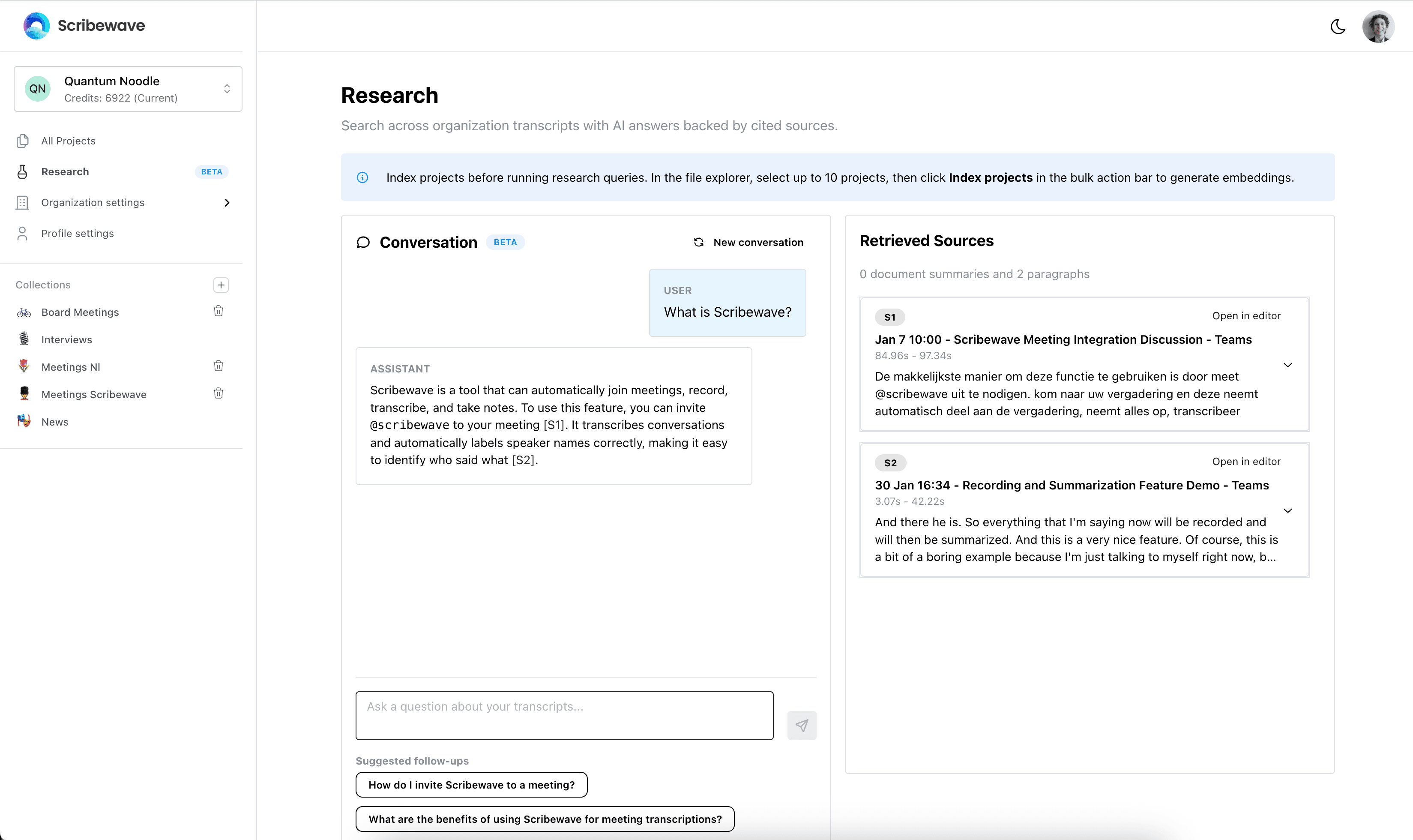 Query entered in research prompt area
